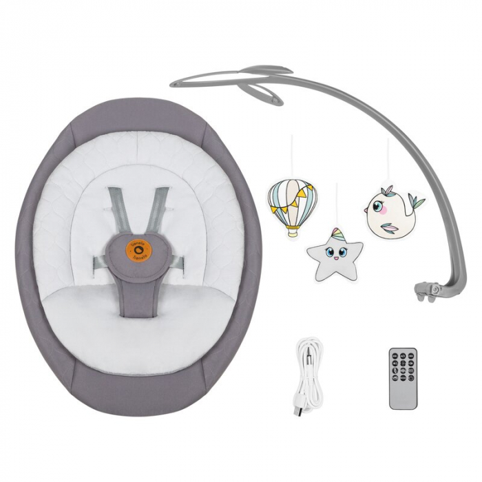 Balansoar, Lionelo, Mell, 2 in 1, Rotire 360 grade, Electric, Cu 3 moduri de leganare, Cu 5 trepte de viteza, Cu 3 pozitii de inclinare, Cu timer, 12 melodii si 2 sunete ale naturii, Pana la 9 kg, Gri [21]