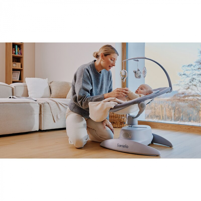 Balansoar, Lionelo, Mell, 2 in 1, Rotire 360 grade, Electric, Cu 3 moduri de leganare, Cu 5 trepte de viteza, Cu 3 pozitii de inclinare, Cu timer, 12 melodii si 2 sunete ale naturii, Pana la 9 kg, Gri [26]
