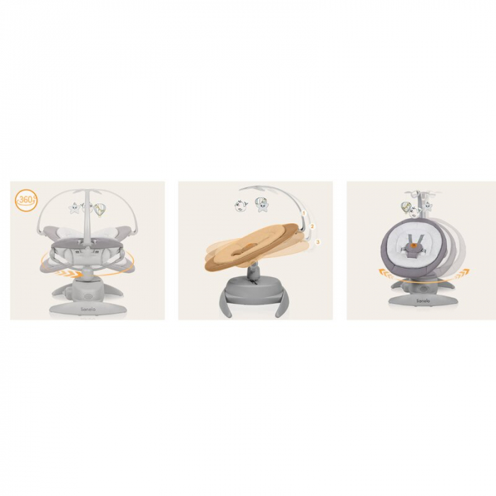 Balansoar, Lionelo, Mell, 2 in 1, Rotire 360 grade, Electric, Cu 3 moduri de leganare, Cu 5 trepte de viteza, Cu 3 pozitii de inclinare, Cu timer, 12 melodii si 2 sunete ale naturii, Pana la 9 kg, Gri [36]