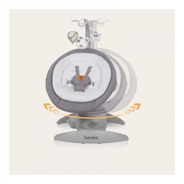Balansoar, Lionelo, Mell, 2 in 1, Rotire 360 grade, Electric, Cu 3 moduri de leganare, Cu 5 trepte de viteza, Cu 3 pozitii de inclinare, Cu timer, 12 melodii si 2 sunete ale naturii, Pana la 9 kg, Gri [33]