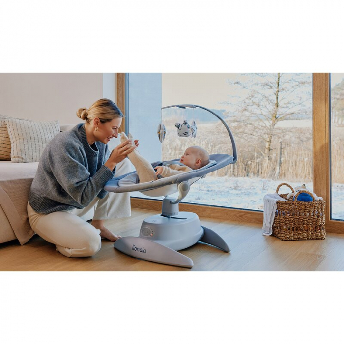 Balansoar, Lionelo, Mell, 2 in 1, Rotire 360 grade, Electric, Cu 3 moduri de leganare, Cu 5 trepte de viteza, Cu 3 pozitii de inclinare, Cu timer, 12 melodii si 2 sunete ale naturii, Pana la 9 kg, Gri [22]