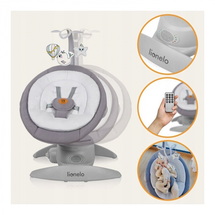 Balansoar, Lionelo, Mell, 2 in 1, Rotire 360 grade, Electric, Cu 3 moduri de leganare, Cu 5 trepte de viteza, Cu 3 pozitii de inclinare, Cu timer, 12 melodii si 2 sunete ale naturii, Pana la 9 kg, Gri [35]