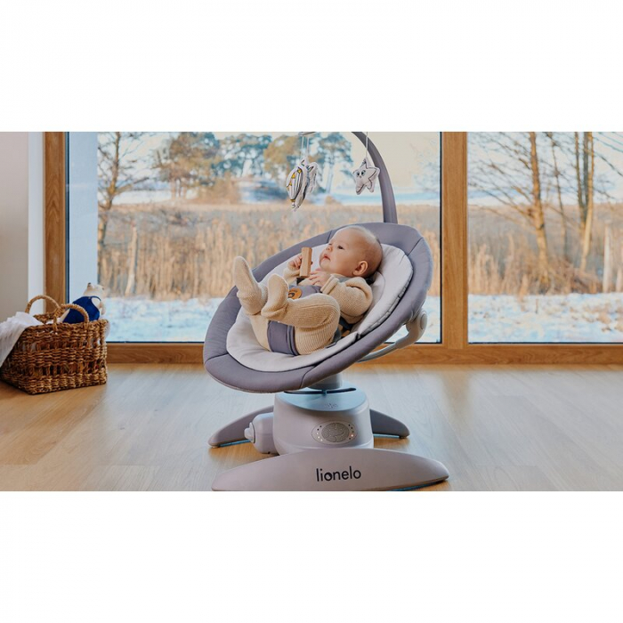 Balansoar, Lionelo, Mell, 2 in 1, Rotire 360 grade, Electric, Cu 3 moduri de leganare, Cu 5 trepte de viteza, Cu 3 pozitii de inclinare, Cu timer, 12 melodii si 2 sunete ale naturii, Pana la 9 kg, Gri [25]