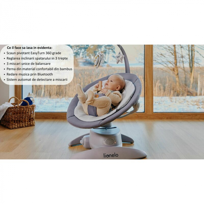 Balansoar, Lionelo, Mell, 2 in 1, Rotire 360 grade, Electric, Cu 3 moduri de leganare, Cu 5 trepte de viteza, Cu 3 pozitii de inclinare, Cu timer, 12 melodii si 2 sunete ale naturii, Pana la 9 kg, Gri [28]