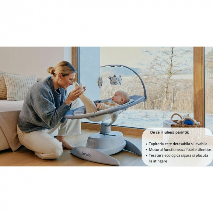 Balansoar, Lionelo, Mell, 2 in 1, Rotire 360 grade, Electric, Cu 3 moduri de leganare, Cu 5 trepte de viteza, Cu 3 pozitii de inclinare, Cu timer, 12 melodii si 2 sunete ale naturii, Pana la 9 kg, Gri [27]
