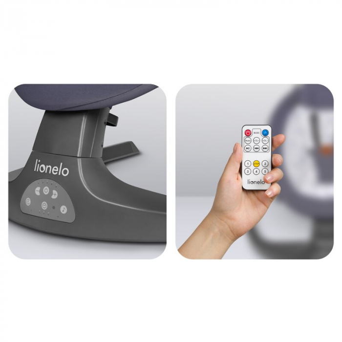 Balansoar si sezlong, Lionelo, Ralf, 2 in 1, Electric, Cu telecomanda si cablu USB, Cu miscare laterala de balansare si 5 niveluri diferite de viteza, Cu 12 melodii, Gri/Alb [26]