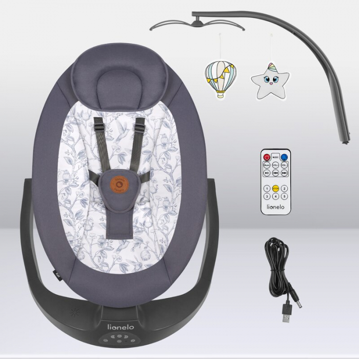Balansoar si sezlong, Lionelo, Ralf, 2 in 1, Electric, Cu telecomanda si cablu USB, Cu miscare laterala de balansare si 5 niveluri diferite de viteza, Cu 12 melodii, Gri/Alb [24]