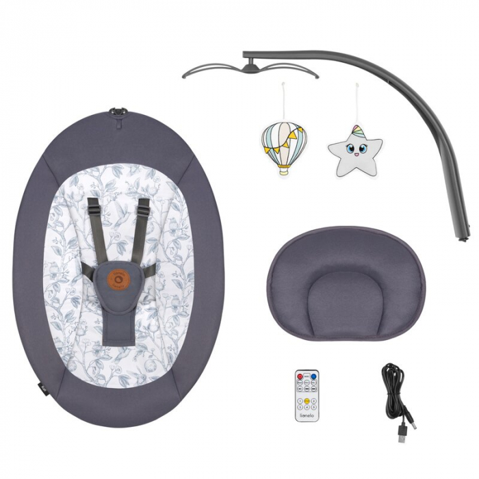 Balansoar si sezlong, Lionelo, Ralf, 2 in 1, Electric, Cu telecomanda si cablu USB, Cu miscare laterala de balansare si 5 niveluri diferite de viteza, Cu 12 melodii, Gri/Alb [17]