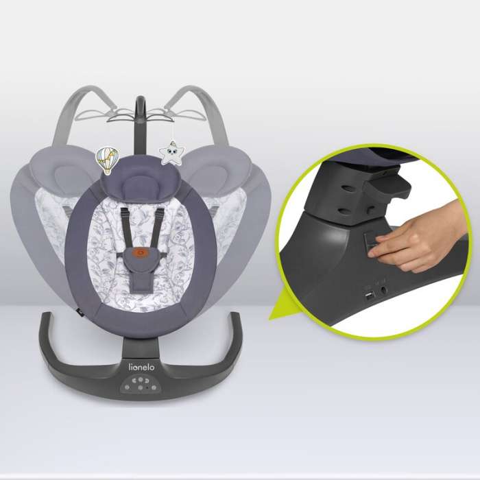 Balansoar si sezlong, Lionelo, Ralf, 2 in 1, Electric, Cu telecomanda si cablu USB, Cu miscare laterala de balansare si 5 niveluri diferite de viteza, Cu 12 melodii, Gri/Alb [22]