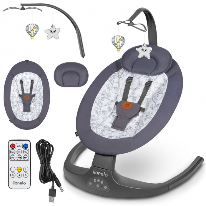 Balansoar si sezlong, Lionelo, Ralf, 2 in 1, Electric, Cu telecomanda si cablu USB, Cu miscare laterala de balansare si 5 niveluri diferite de viteza, Cu 12 melodii, Gri/Alb [28]