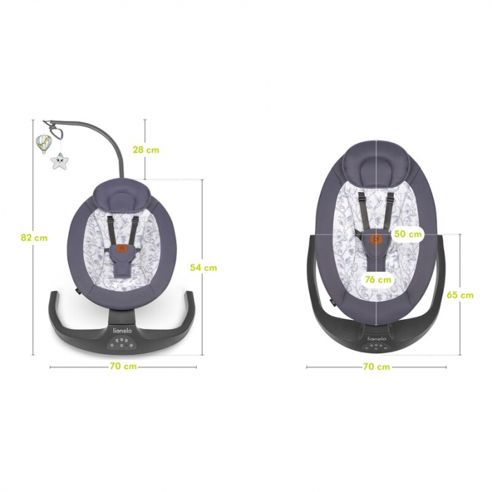 Balansoar si sezlong, Lionelo, Ralf, 2 in 1, Electric, Cu telecomanda si cablu USB, Cu miscare laterala de balansare si 5 niveluri diferite de viteza, Cu 12 melodii, Gri/Alb [25]