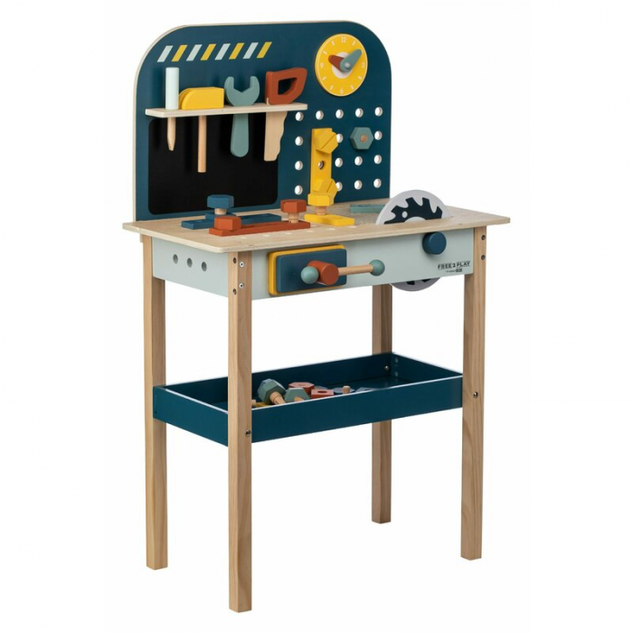 Banc de lucru, Free2Play, My first wooden Work Bench, Cu diverse unelte si accesorii, Pliabil, 55 x 28,5 x 85 cm, 36 luni+, Multicolor [1]