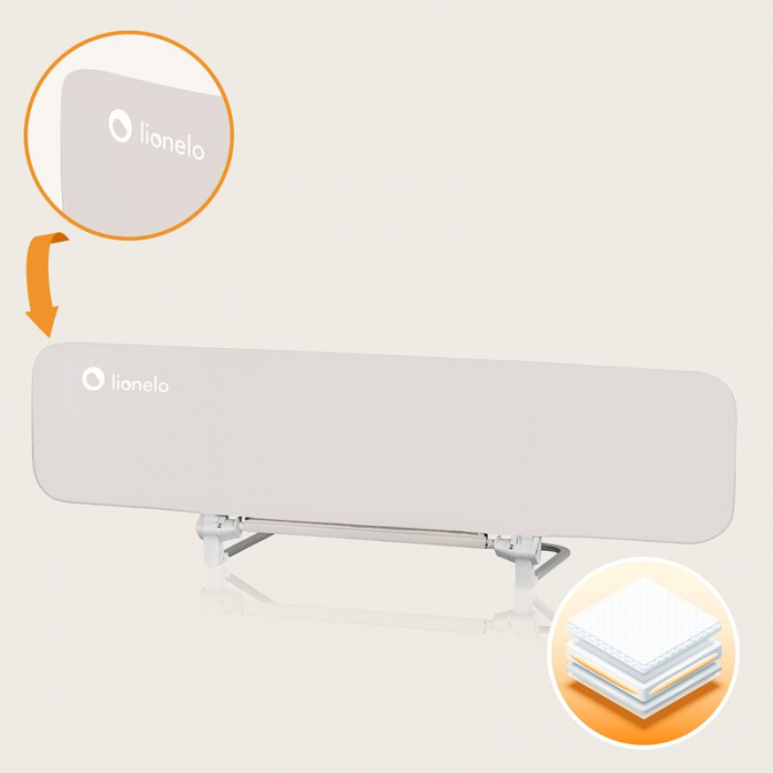 Bariera de protectie pentru pat, Lionelo, Lora XL, Pliabila, Sistem de blocare StandSafe, Geanta de transport inclusa, 150x46 cm, Conform cu BS 7972:2001+A1:2009, Bej [15]
