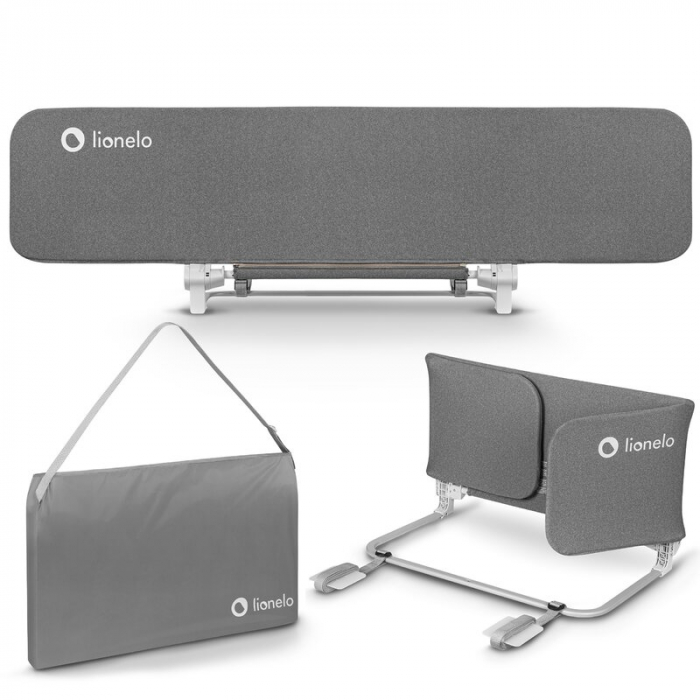Bariera de protectie pentru pat, Lionelo, Lora XL, Pliabila, Sistem de blocare StandSafe, Geanta de transport inclusa, 150x46 cm, Conform cu BS 7972:2001+A1:2009, Gri [18]