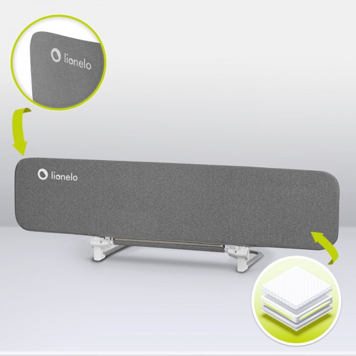 Bariera de protectie pentru pat, Lionelo, Lora XL, Pliabila, Sistem de blocare StandSafe, Geanta de transport inclusa, 150x46 cm, Conform cu BS 7972:2001+A1:2009, Gri [14]