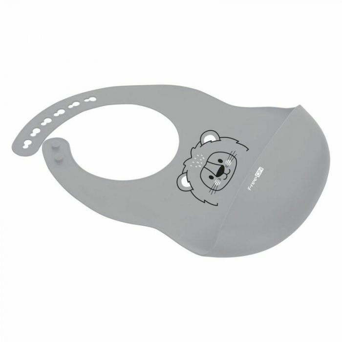 Baveta, FreeON, Moale, Din silicon, Fara BPA, Cu buzunar, 31 x 24 cm, Lion Grey [3]