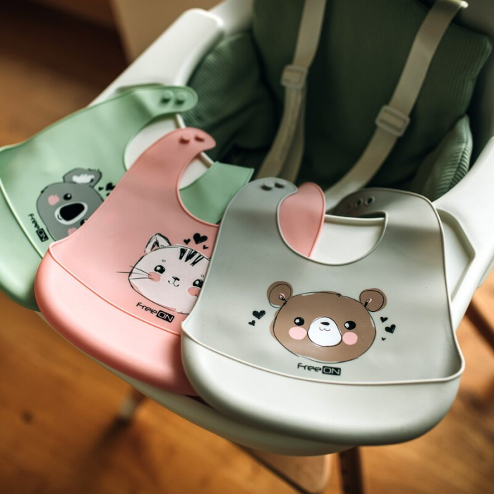 Baveta moale, Din silicon, BPA Free, Cu buzunar, FreeON, 31 x 24 cm, Bear Grey [4]