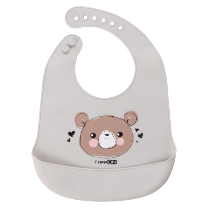 Baveta moale, Din silicon, BPA Free, Cu buzunar, FreeON, 31 x 24 cm, Bear Grey [1]