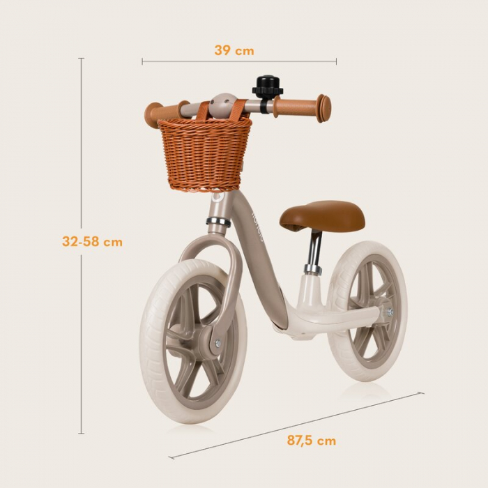 Bicicleta fara pedale, Lionelo, Alex Plus, Usoara, Cu ghidon si sa reglabile, Include cos depozitare si sonerie, Din otel, Cu roti din spuma EVA, 12 inch, Beige Sand [9]