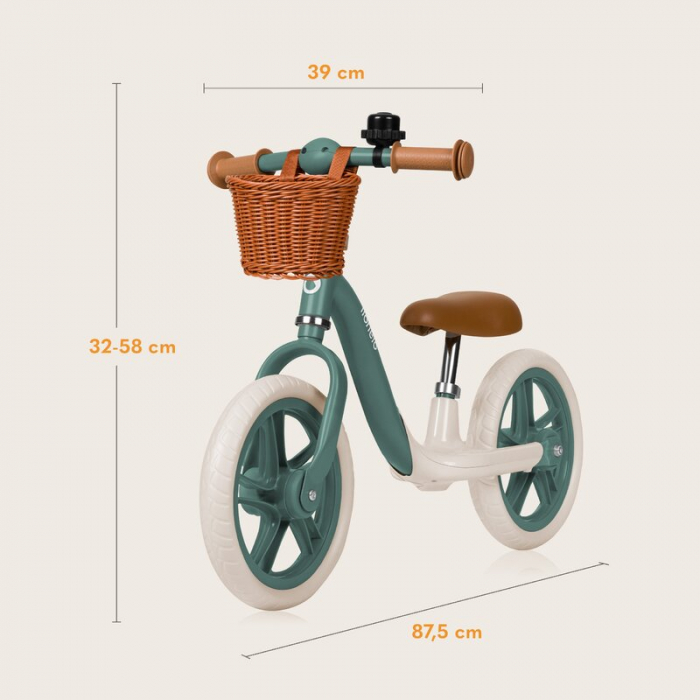 Bicicleta fara pedale, Lionelo, Alex Plus, Usoara, Cu ghidon si sa reglabile, Include cos depozitare si sonerie, Din otel, Cu roti din spuma EVA, 12 inch, Green Forest [9]