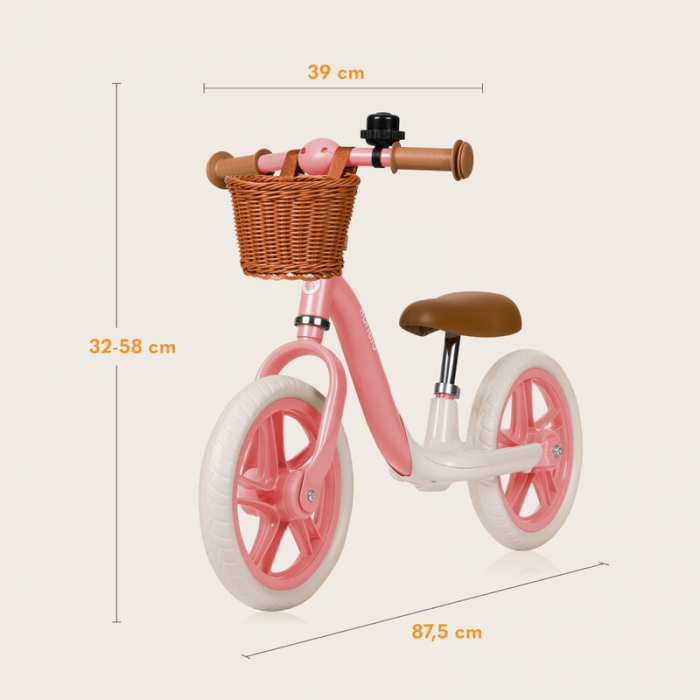 Bicicleta fara pedale, Lionelo, Alex Plus, Usoara, Cu ghidon si sa reglabile, Include cos depozitare si sonerie, Din otel, Cu roti din spuma EVA, 12 inch, Pink Rose [9]