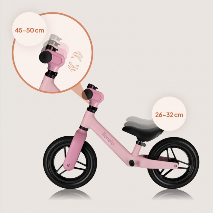 Bicicleta fara pedale, Lionelo, Toni, Cu ghidon si sa reglabile, Ultra usoara, 2.8 Kg, 18 luni+, Sustine 30 kg, Conform cu standardul EN71-1/2/3, Certificata TUV SUD, Roz [15]