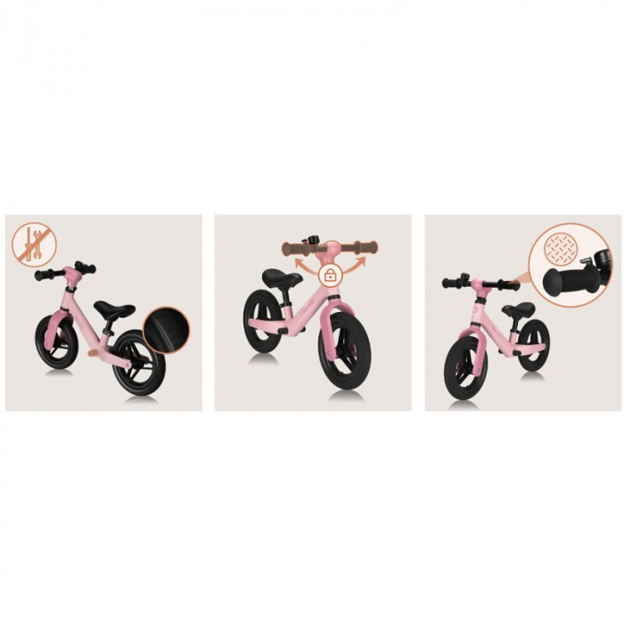 Bicicleta fara pedale, Lionelo, Toni, Cu ghidon si sa reglabile, Ultra usoara, 2.8 Kg, 18 luni+, Sustine 30 kg, Conform cu standardul EN71-1/2/3, Certificata TUV SUD, Roz [20]