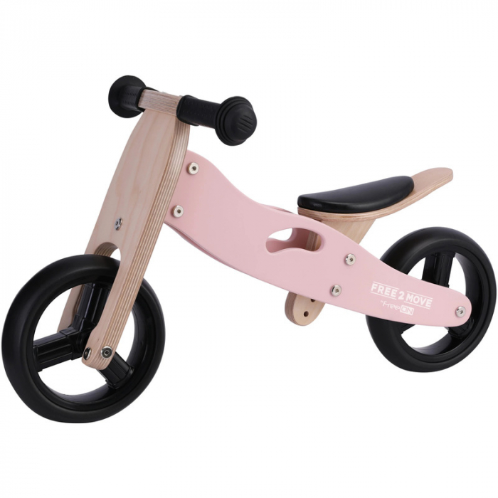 Bicicleta/tricicleta fara pedale din lemn, 2 in 1, Functie de bicicleta echilibru, Scaun reglabil, Roti ajustabile, Manere antiderapante, Varsta 1-3 ani, Free2Move, Dusty Pink [3]