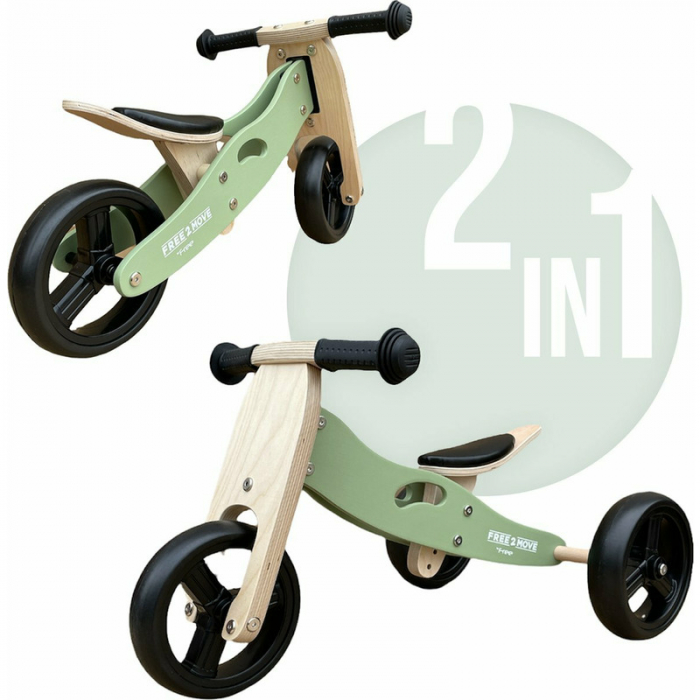 Bicicleta/tricicleta fara pedale din lemn, 2 in 1, Functie de bicicleta echilibru, Scaun reglabil, Roti ajustabile, Manere antiderapante, Varsta 1-3 ani, Free2Move, Mint [3]