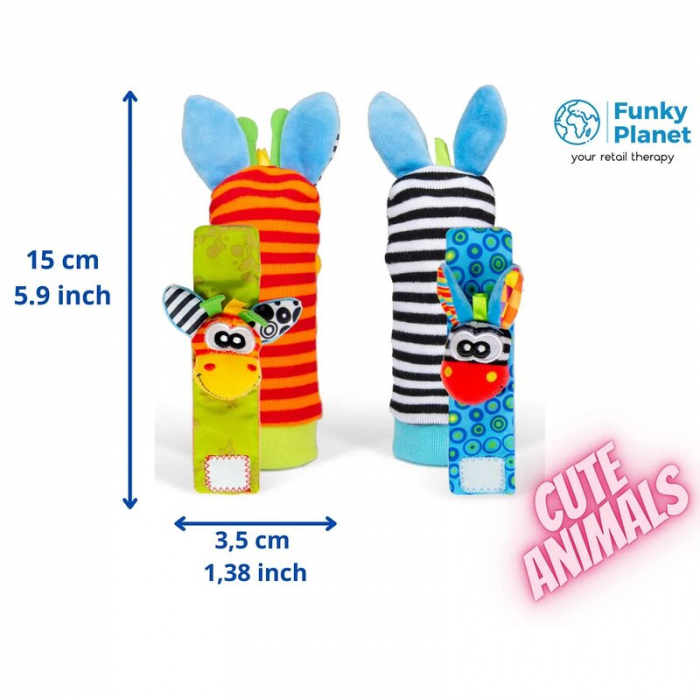 Botosei si bratari cu zornaitoare, Animalute dragute pentru bebelusi, Set 4 piese, 2 pentru maini si 2 pentru picioare, Jungle Wrist Rattle and Foot Finder, Playgro [3]