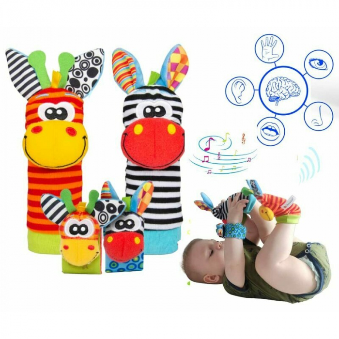 Botosei si bratari cu zornaitoare, Animalute dragute pentru bebelusi, Set 4 piese, 2 pentru maini si 2 pentru picioare, Jungle Wrist Rattle and Foot Finder, Playgro [1]