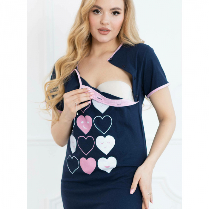 Camasa de alaptat M, Din bumbac, Cu nasturi,Hearts, Navy Pink [9]
