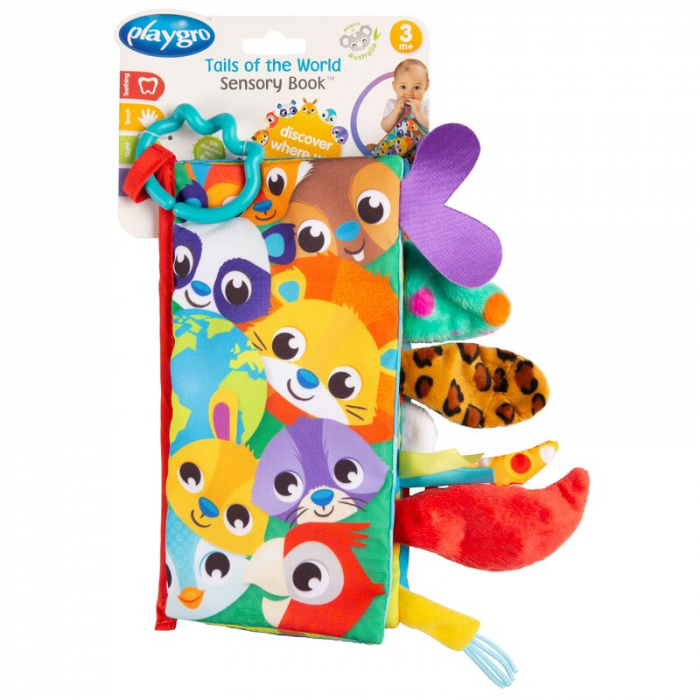 Carticica din plus, Playgro, In forma de carte, Include clema de atasare la carucior, Cu inel pentru dentitie, Cu texturi si culori, 3 luni+, Tails of the World Sensory Book [7]