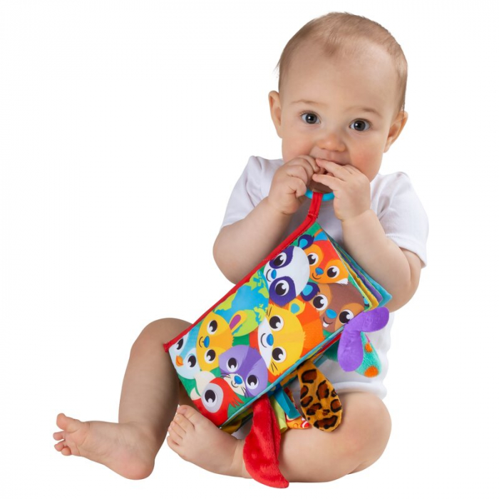Carticica din plus, Playgro, In forma de carte, Include clema de atasare la carucior, Cu inel pentru dentitie, Cu texturi si culori, 3 luni+, Tails of the World Sensory Book [9]