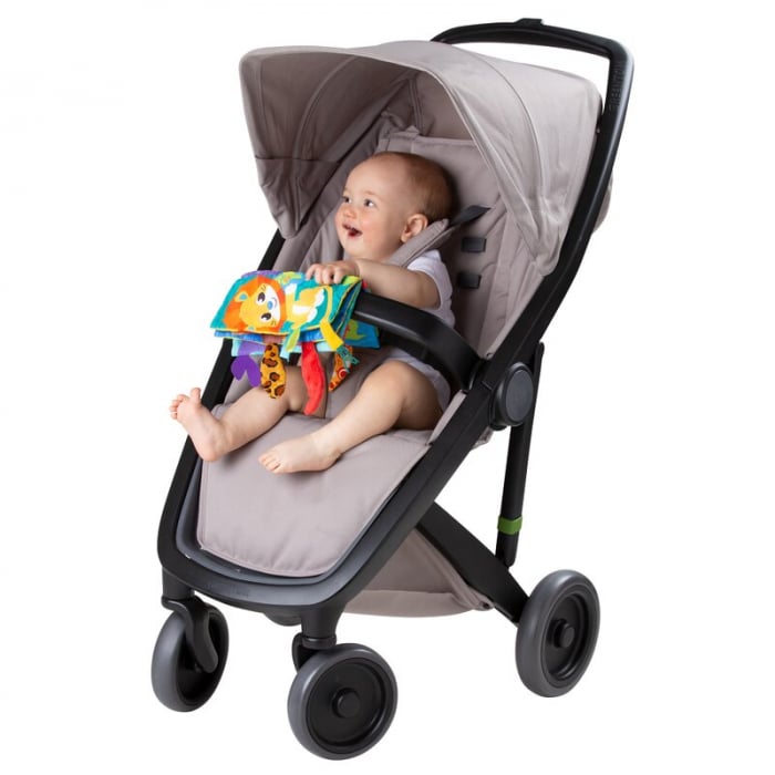Carticica din plus, Playgro, In forma de carte, Include clema de atasare la carucior, Cu inel pentru dentitie, Cu texturi si culori, 3 luni+, Tails of the World Sensory Book [10]
