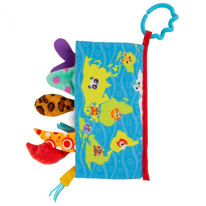 Carticica din plus, Playgro, In forma de carte, Include clema de atasare la carucior, Cu inel pentru dentitie, Cu texturi si culori, 3 luni+, Tails of the World Sensory Book [6]