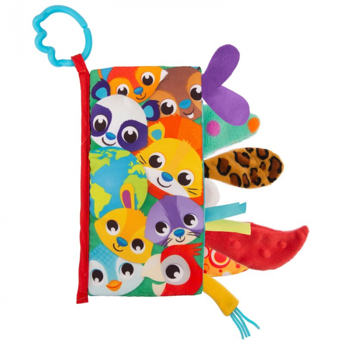 Carticica din plus, Playgro, In forma de carte, Include clema de atasare la carucior, Cu inel pentru dentitie, Cu texturi si culori, 3 luni+, Tails of the World Sensory Book [1]