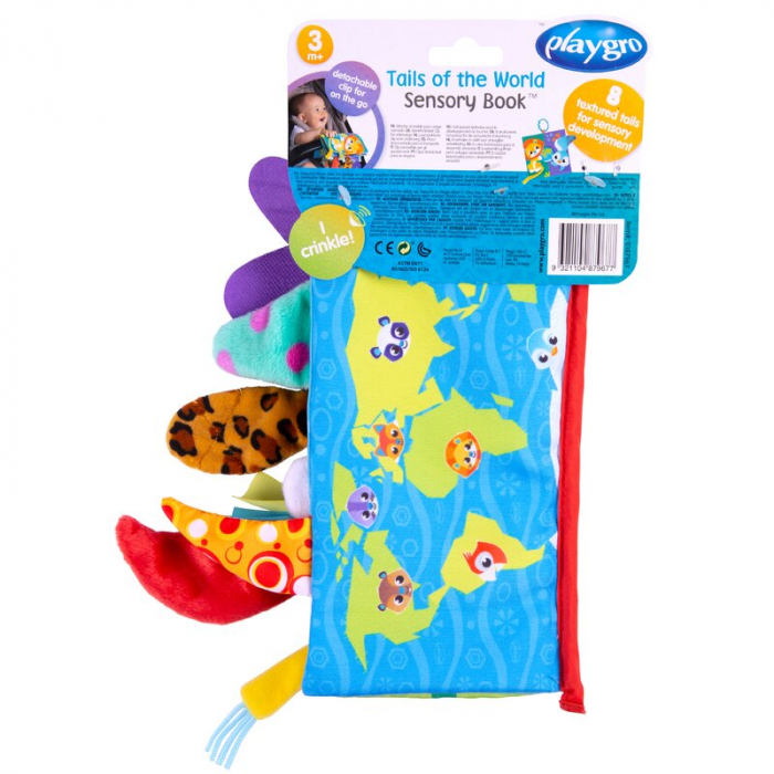 Carticica din plus, Playgro, In forma de carte, Include clema de atasare la carucior, Cu inel pentru dentitie, Cu texturi si culori, 3 luni+, Tails of the World Sensory Book [8]