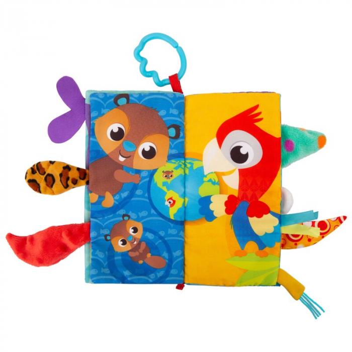 Carticica din plus, Playgro, In forma de carte, Include clema de atasare la carucior, Cu inel pentru dentitie, Cu texturi si culori, 3 luni+, Tails of the World Sensory Book [3]