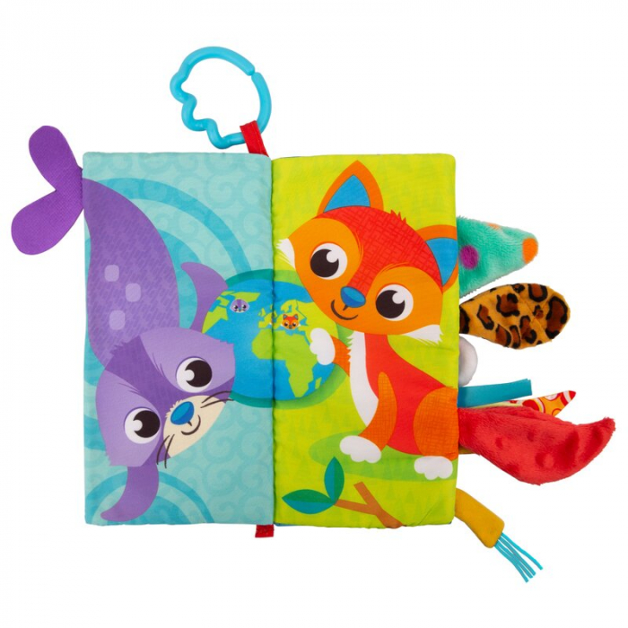 Carticica din plus, Playgro, In forma de carte, Include clema de atasare la carucior, Cu inel pentru dentitie, Cu texturi si culori, 3 luni+, Tails of the World Sensory Book [2]