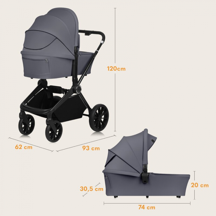 Carucior 2 in 1, Lionelo, Mika Plus, Cadru din aluminiu, Cu landou intarit si salteluta moale, Reversibil, Cu sistem de ventilatie 3D, Cu accesorii, Pana la 22 kg, Conform cu EN1888-1 EN1888-2, EN1466 [34]