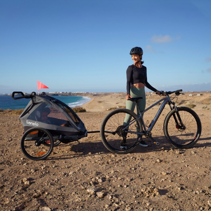Carucior si remorca de bicicleta, Lionelo, Cama, Multifunctional, Pentru 1 sau 2 copii, Cu sistem de absorbtie a socurilor SIQ, Geamuri cu protectie solara, Gri [15]