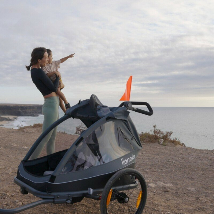 Carucior si remorca de bicicleta, Lionelo, Cama, Multifunctional, Pentru 1 sau 2 copii, Cu sistem de absorbtie a socurilor SIQ, Geamuri cu protectie solara, Gri [13]