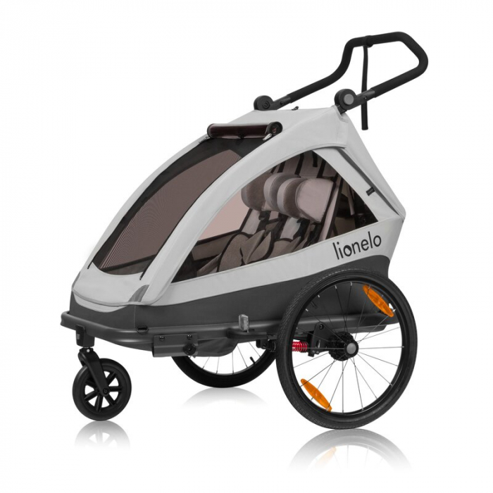 Carucior si remorca de bicicleta, Lionelo, Cama, Multifunctional, Pentru 1 sau 2 copii, Cu sistem de absorbtie a socurilor SIQ, Geamuri cu protectie solara, Gri [1]