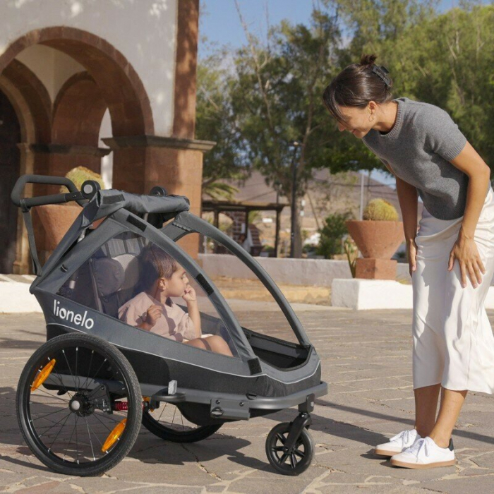Carucior si remorca de bicicleta, Lionelo, Cama, Multifunctional, Pentru 1 sau 2 copii, Cu sistem de absorbtie a socurilor SIQ, Geamuri cu protectie solara, Gri [14]