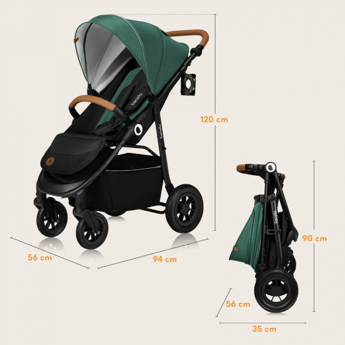 Carucior sport, Lionelo, Natt, De la nastere, Cu accesorii si capotina XXL reglabila, 0 - 22 kg, Conform cu standardele europene de securitate EN1888-1, EN1888-2, Verde [30]