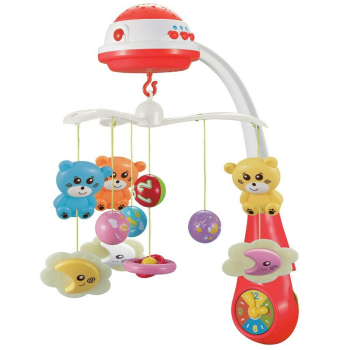 Carusel muzical pentru patut bebelusi, Cu proiectii, Cu melodii si sunete ale naturii, Cu 11 jucarii, Baby Mix, Red [11]