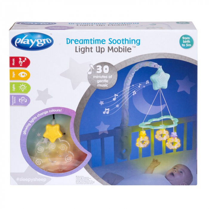 Carusel muzical, Playgro, Cu stelute si norisori, Pana la 30 de minute de muzica linistitoare, Cu 3 moduri de functionare: lumina si muzica, doar lumina sau doar muzica, Astasabil la patut, Fara BPA,  [8]