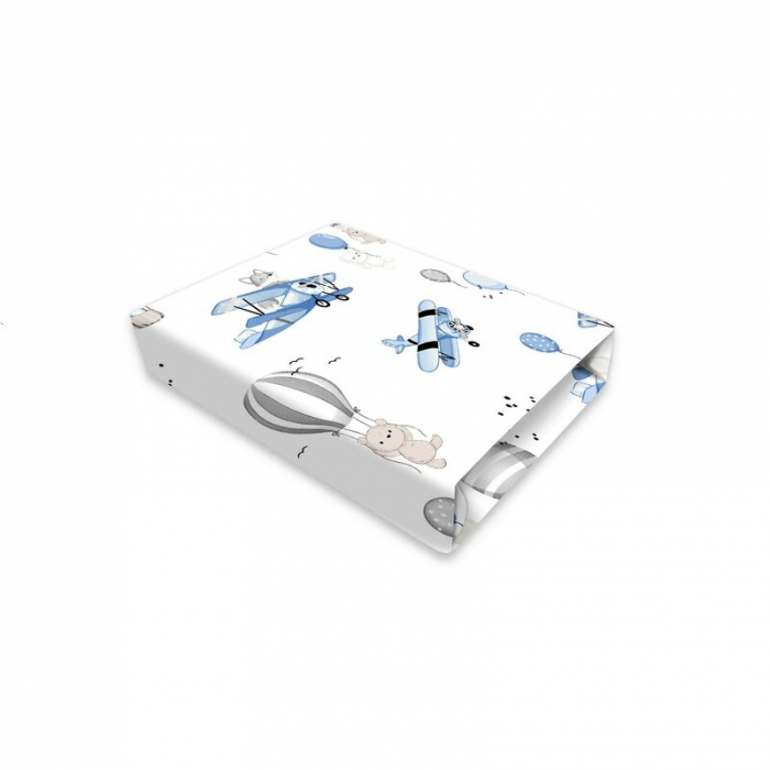 Cearceaf cu elastic, MimiNu, Pentru patut 120X60 cm, Din bumbac certificat Oeko Tex Standard 100, Blue Plane [1]
