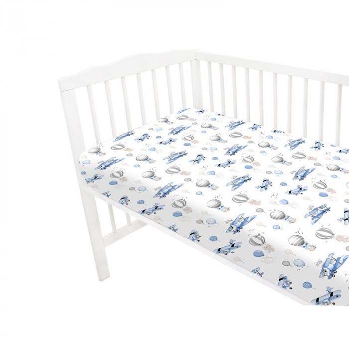 Cearceaf cu elastic, MimiNu, Pentru patut 120X60 cm, Din bumbac certificat Oeko Tex Standard 100, Blue Plane [3]